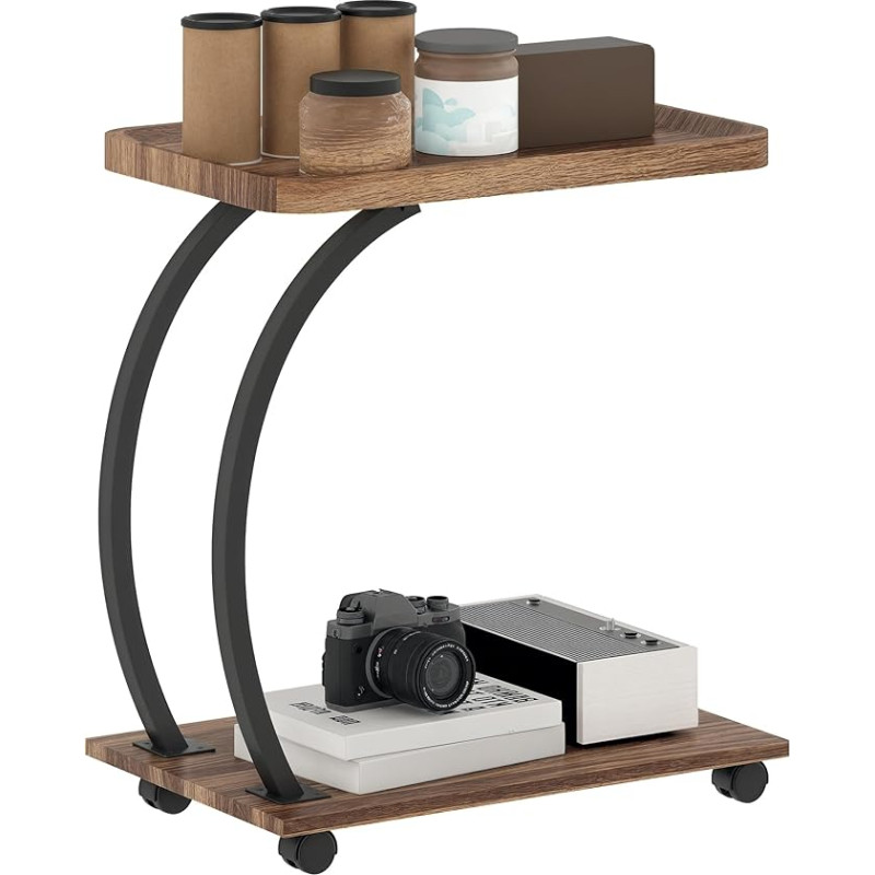 HOMCOM C-förmiger Beistelltisch mit Stauraum, mobiler 2stöckiger Nachttisch mit Tablett, Rollen, Stahlrahmen für Wohnzimmer, Schlafzimmer, Braun