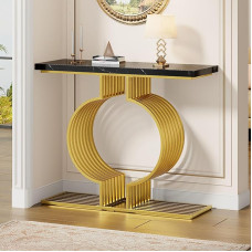 LARFOEK Console Table, Hallway Table with Adjustable Golden Base, Narrow Sofa Table, Entrance Table, Coffee Table, Side Table for Entrance, Hallway, Living Room, 100 x 35 x 80 cm (Black and Gold)