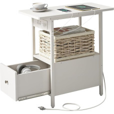 VNUUUXO LIDYUK šoninis staliukas su įkrovimo stotele, siauras šoninis staliukas su dėžute, USB lizdais ir kištukiniais lizdais, naktinis staliukas mažoms erdvėms, miegamajam, svetainei, baltas