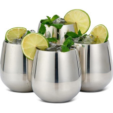 Ąžuolas ir plienas - 4 nerūdijančio plieno raudonojo vyno taurės Vyno taurės be kotelio, 4 metaliniai šiaudeliai ir 2 valymo šepetėliai, 350 ml - tvirtos ir nedūžtančios - kalėdinių dovanų rinkinys