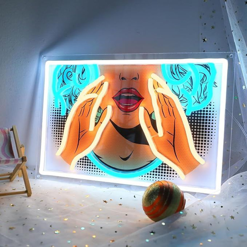 DWOOKE Moterų veido neoniniai ženklai UV atspausdinti LED žibintai sieniniam dekorui Dimmable USB maitinimas Pretty Girl Neon Light for Club Party Bedroom Bar Shop (35.5 x 24cm)