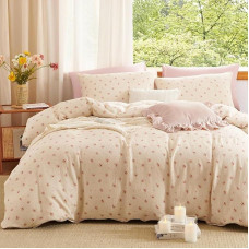 Lanqinglv Muslino patalynė 135 x 200 cm Medvilninė smėlio spalvos rožinės gėlės Renforce Linen Look Oeko-Tex Vintage estetiška patalynė su užtrauktuku ir 1 užvalkalu ant pagalvės 80 x 80 cm