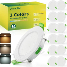 Fondiiz 12 LED Spotlights 230 V, 3.5 W 340 LM Recessed LED 55 mm - 68 mm Hole Size, Spotlights, Ceiling Spotlights, 3000 K, Warm White, 4500 K, Neutral White, 6000 K, Cool White, IP44 Ceiling