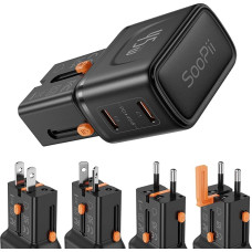 SooPii Gan USB C Charger 45W, 2 Port PD PPS Universal Travel Adapter Worldwide, All-in-One Travel Adapter with US-UK-EU AU Socket Adapter for Galaxy S25/S24, iPhone 16/15/14, iPad, MacBook, Pixel