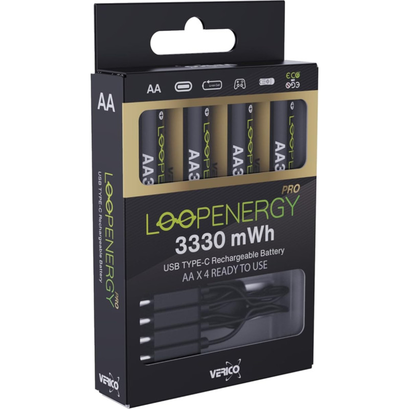 VERICO LoopEnergy Pro AA 3330 įkraunama USB-C baterija AA 1,5 V 3330 mWh (2220 mAh) ličio jonų baterija, greitai įkraunama per USB-C jungtį per maždaug 2 valandas, 4 AA baterijų pakuotė, 1 kabelis USB -A - 4 x USB-C