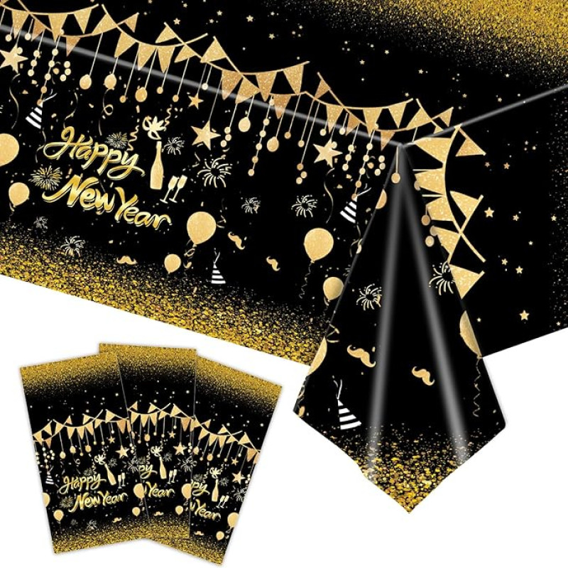 2025 Laimingų Naujųjų metų dekoracijos, Tischdecke, wasserdicht, quadratisch, Schutz, PVC-Kunststoff, abwischbare Tischdecke für Silvester-Party-Tischdecken, 2025 Neujahrsparty-Zubehör, Schwarz-Gold