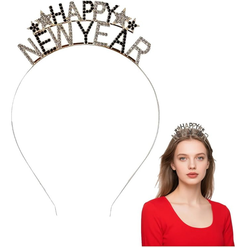 LOMYLM Laimingų Naujųjų Metų Stirnband, Silvester 2026 Dekorationen Stirnband Schwarz Gold Strass Stern Tiara Kopfbedeckung Metall Haarband 2026 NYE Party Dekorationen Frauen Haarschmuck Foto Requisiten