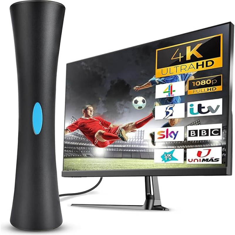 AXFEE DVBT2 antena su stiprintuvu 36Dbi+ HDTV vidinė antena televizijai, maksimali signalo kokybė dėl aliuminio šerdies, Full HD, 5 m kabelis, DVB-T2 antena, TV Freenet, TV, vidinė ir išorinė