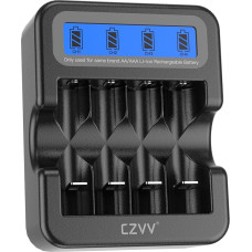 czvv Rechargeable AA AAA 4-Slot Lithium Battery Charger with LCD Display, Quick Charge Function, Overcharge Protection, Type C Input (Black)