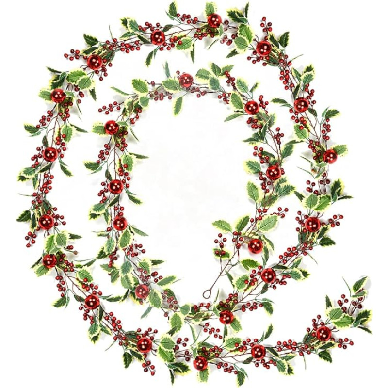 200 cm vainikas su raudonomis uogomis, Uogų girlianda raudona, Durų vainikas kalėdinės puošmenos, Didelis kalėdinis vainikas, Dirbtinė raudonų uogų girlianda, Dirbtinis advento vainikas, Kalėdų girlianda dekoruota
