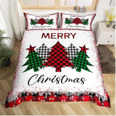 Geometrischer Weihnachtsbaum-Bettbezug für Einzelbett, rot, grün, schwarz, kariert, für Kinder, Teenager, Erwachsene, Schlafzimmer, Dekoration, Weihnachtsschneeflocke, Happy New Year-Bettwäsche-Set, 1