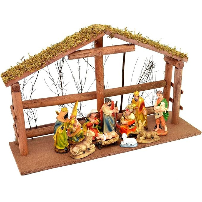 SHATCHI 47 x 29 x 15 cm Didelės tvirtos prakartėlės Tradicinės medinės prakartėlės ir 12 didelių figūrų Kalėdų dekoracijos Šventinė paroda Namelis Namų apdaila