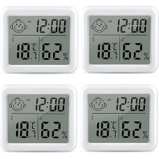 Skaitmeninis mini termometras higrometras, 4 vnt. drėgmės matuoklių pakuotė su 3,2 colio ekranu ir dideliu tikslumu, temperatūros drėgmės matuoklis su laikrodžiu, kambarinis termometras šiltnamiui, biurui ir namams