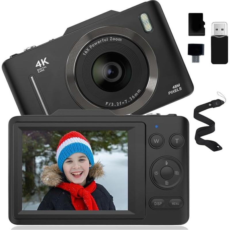 Skaitmeninis fotoaparatas, fotokamera, skaitmeniniai fotoaparatai su 32 GB atminties kortele, 48 MP 1080P fotoaparatas, Vlogging fotoaparatas su blykste, automatiniu fokusavimu, apsauga nuo drebėjimo, nešiojamas kompaktiškas fotoaparatas vaikams ir praded