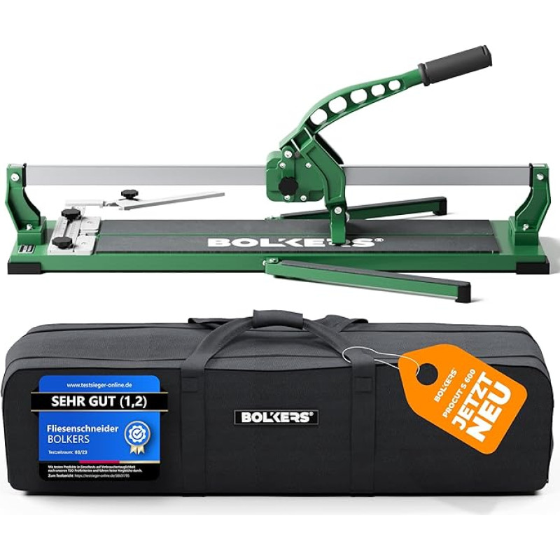 BOLKERS® ProCut S 600 plytelių pjaustytuvas, 600 mm pjovimo ilgis, tikslūs pjūviai dėl volframo karbido pjovimo disko su rutuliniais guoliais, plytelių pjaustymo įtaisas su magnetine laužimo kojele