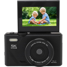 5K 75MP skaitmeninis fotoaparatas su 18x optinio priartinimo stabilizatoriumi, 3 colių atverčiamu ekranu, retro skaitmeninis fotoaparatas, kompaktiškas fotoaparatas kelionių fotografijai, skirtas šeimai (juodas)