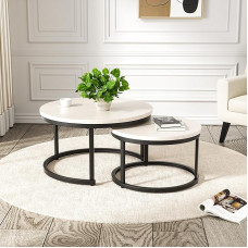 Hawthyhome Apvalus šoninių staliukų rinkinys, medinis kavos staliukas su metaliniu rėmu, modernūs kavos staliukai gyvenamajame kambaryje, miegamajame, balti 2 vnt.