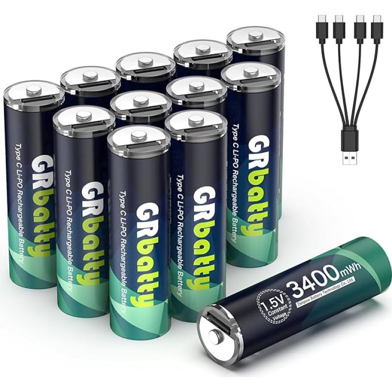 GRbatty USB įkraunamos AA ličio baterijos, 12 v, 1,5 V USB C įkraunamos AA baterijos, 3400 mWh, su 