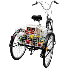CHIMHOON 26 Inch Tricycle Bicycle, 6-Speed 3 Wheels Bicycle with Shopping Basket, Black/White Tricycle for Adults Seniors, Suitable for People with a Height of 5.4 - 6.07 Feet
