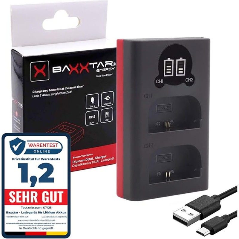 Baxxtar 18602 LP-E6NH LP-E6N LP-E6 akumuliatoriaus įkroviklis / mini dvigubas LCD ekranas / maitinamas per USB-C arba mikro USB