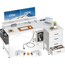 ODK kampinis rašomasis stalas su 4 medžiaginiais stalčiais, 140 x 80 cm, L formos rašomasis stalas su USB įkrovimo prievadu ir lizdu, L formos rašomasis stalas su monitoriaus lentyna, skirtas namų biurui, baltos spalvos