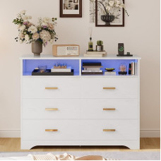 IRONCK komoda balta, 6 stalčiai, komoda su LED juostelėmis ir 2 kištukiniais lizdais, USB + C tipo jungtis, stalčių spintelė miegamajam, svetainei, kabinetui, prieškambariui, 120 cm pločio