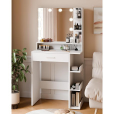 Mondeer Dressing Table with Mirror and 10 LED Light Balls, Dressing Table with 1 Drawer and 7 Open Compartments, 3 Colours with Adjustable Brightness, White, 67 x 36 x 138 cm