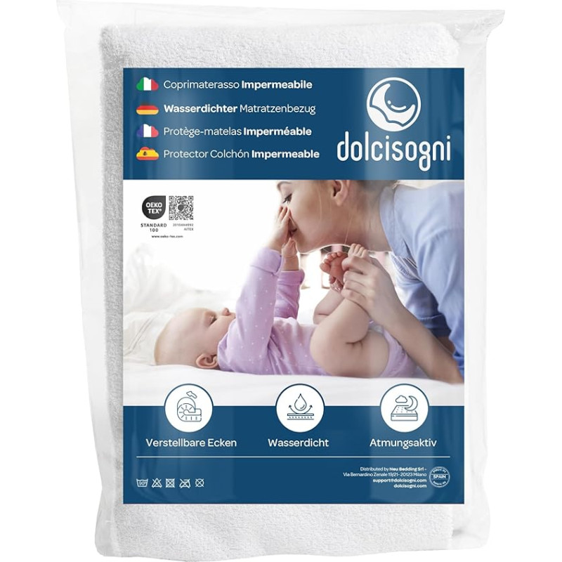 DOLCI SOGNI čiužinio apsauga 70 x 140 cm (2 vnt.) - nepralaidi vandeniui, pralaidi orui, antibakterinė - su kampų guma - skalbiama iki 60 °C - OekoTex - pagaminta Europoje