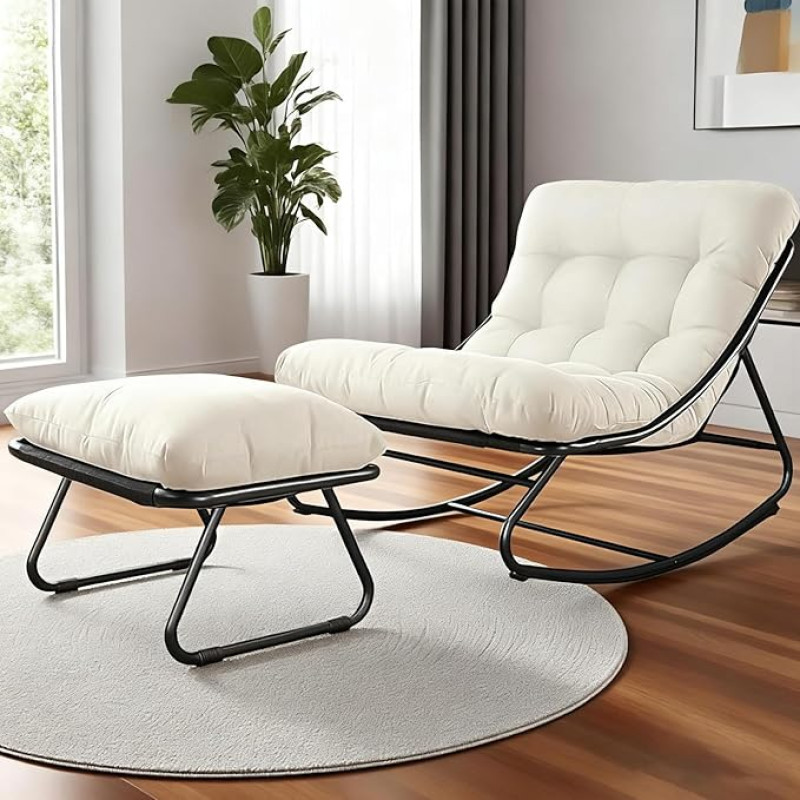 Supamasis krėslas su taburete, supamasis krėslas vidaus ir lauko reikmėms, svetainės poilsio krėslas, skaitymo krėslas, supamasis krėslas su paminkštinimu, iki 150 kg, supamasis krėslas sodui, kiemui, terasai, verandai