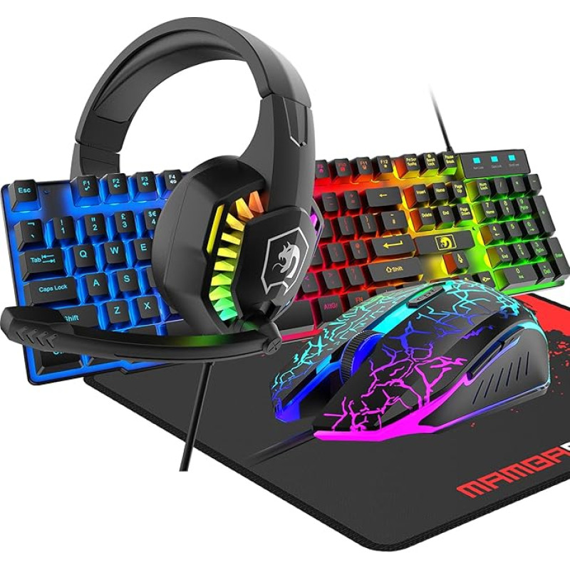 4 in 1 laidinė žaidimų klaviatūra su 104 klavišais 3D stereo žaidimų ausinės Combo su Multi-RGB apšvietimu Ergonomiškas reguliuojamas mikrofonas 2400DPI Didelis pelės padas atsparus vandeniui