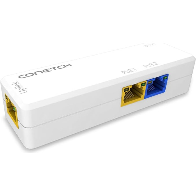 CONETCH mini 2 prievadų PoE ilgintuvas, PoE daliklis iki 2 POE įrenginių, 100 Mbps, palaiko 3 pakopų kaskadinį sujungimą, 1 PoE įėjimas ir 2 PoE išėjimai, PoE pralaidumo jungiklis, IEEE 802.3 af/at/bt PoE kartotuvas
