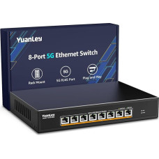 YuanLey 8-Port 5G Ethernet Switch, 8 x 5Gbps RJ45 Ports, Supports 5G/2.5G/1G/100M Speed Auto-Negotiation, 80Gbps Switching Capacity, Unmanaged Switch Rack Mountable, Plug and Play