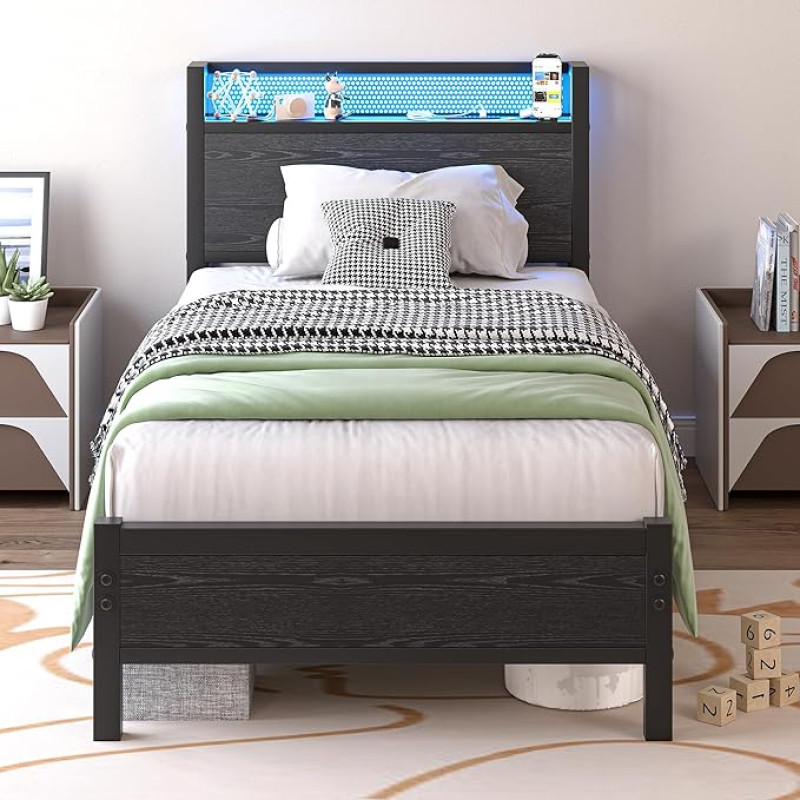 BORPHOM Viengulės lovos rėmas su įkrovimo stotele ir LED lemputėmis, tvirtas metalinis lovos rėmas su laikymo vieta, nereikalinga spyruoklė, tvirta plieninių skersinių atrama, be triukšmo, juodas