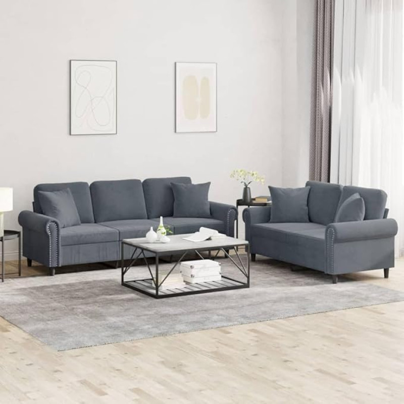 ShGaxin 3202271 2 dalių sofos komplektas su pagalvėlėmis Tamsiai pilkas aksomas, poilsio sofa, sofos ir kušetės, poilsio sofa, sofa gyvenamajam kambariui