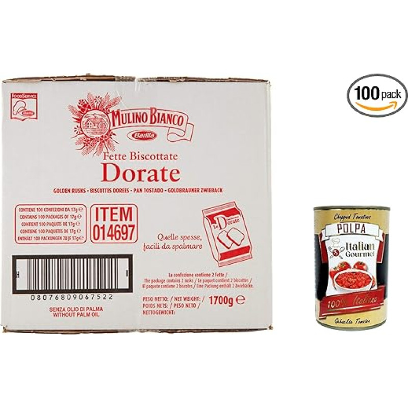 Mulino Bianco Fette Biscottate le Dorate Bianco Golden Rusks - 100 vnt. pakuotė 1700gr+ Italų gurmanas Polpa 400g