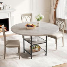 Apvalus valgomojo stalas 120 cm virtuvės stalas 4-6 žmonėms su 2 pakopų lentyna, apvalus ūkinės medienos stalas virtuvei ir valgomajam, kaimiškai pilkas