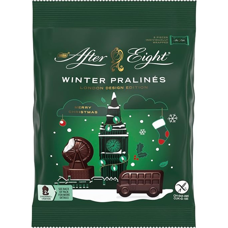 After Eight After Eight Nestlé After Eight Winter Pralines, tamsusis šokoladas be glitimo, šokolado figūrėlės su mėtų įdaru, pakuotė po 1 (1 x 65 g)