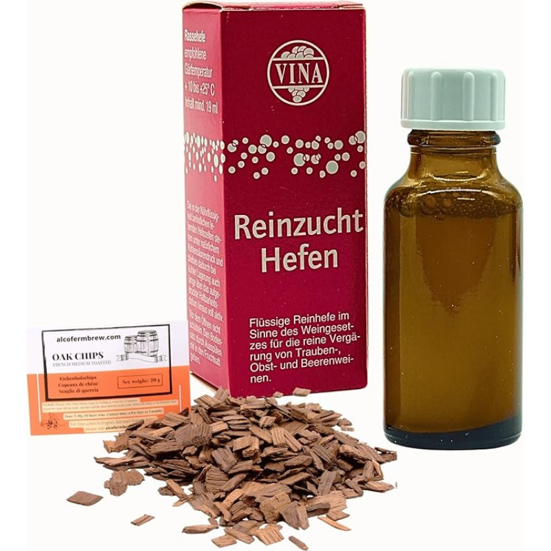 alcofermbrew Rüdesheim vyno mielės 19 ml 50 L + ąžuolo drožlės, vyno mielės, vyno mielės, skystos vyno mielės