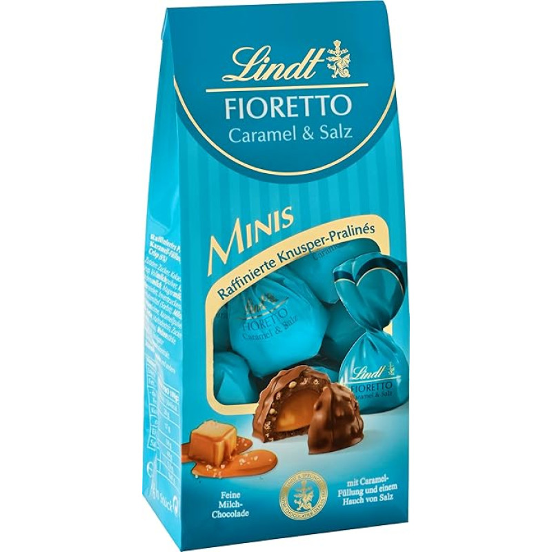 Lindt FIORETTO Minis šokolado maišelis Karamelė ir druska | 115 g maišelis | Maži šokoladiniai saldainiai su karamelės ir druskos įdaru, įvynioti į pieno šokoladą | Šokoladinė dovana | Šokoladinė dovana
