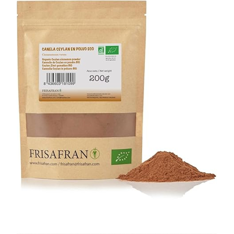 FRISAFRAN | Ekologiškas Ceilono cinamonas maltas | 200 g | Cinamono milteliai | Ceilono cinamonas | Ceilono cinamonas be priedų | Ceilonas | Ekologiškas cinamonas maltas | Originalus iš Šri Lankos | Natūralus auginimas