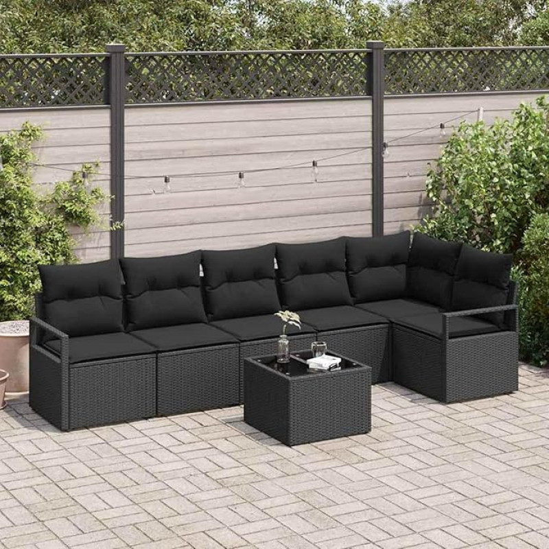 Homgoday 7-teiliges Garten Sofa Set mit Kissen Beige Poly Rattan, 2-Sitzer Garten Sofa mit Kissen Schwarz Poly Rattan Sofa Im Freien Model3346413