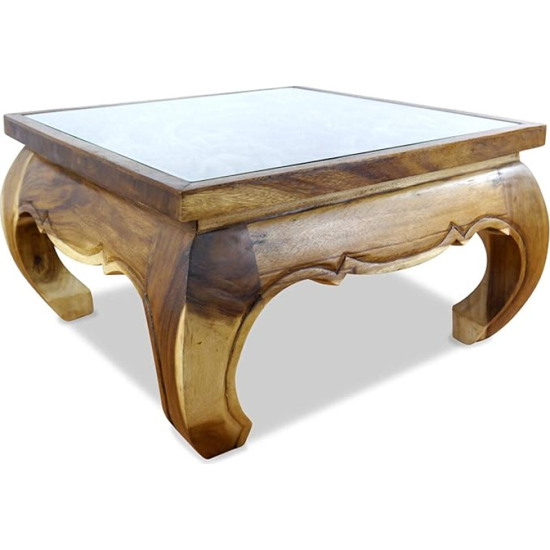 Opijaus staliukas su stiklo stalviršiu, Azijos kavos staliukas, sofos staliukas su dramblio raižiniais (76 x 76 cm)