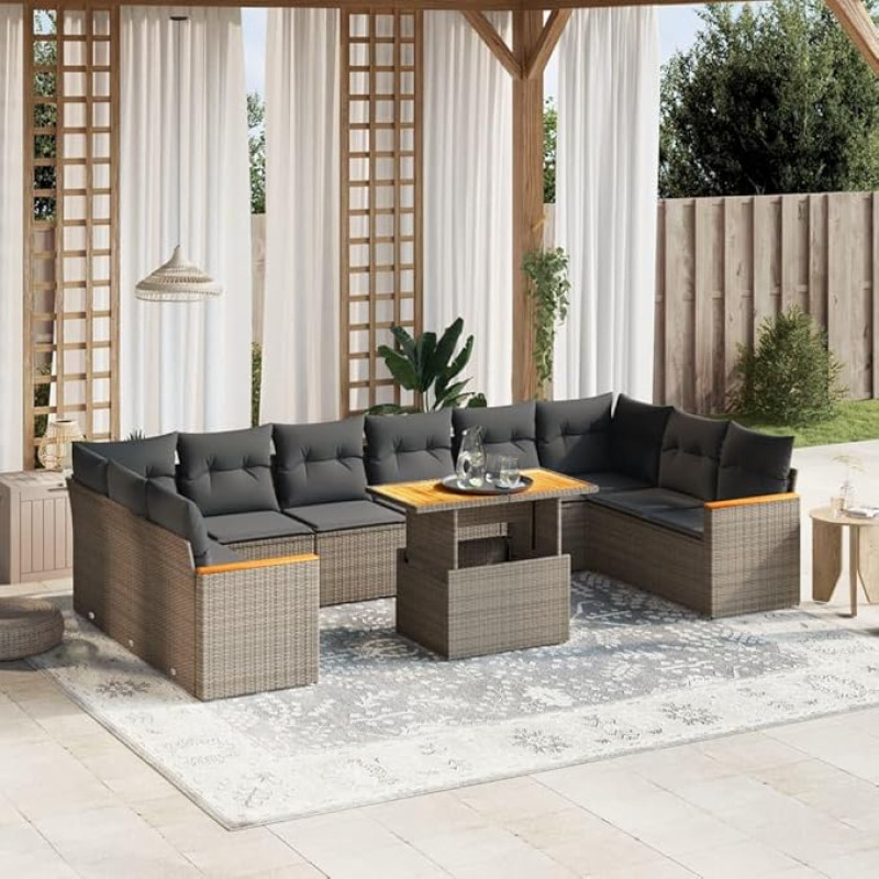 Schlafsofa-Set, 11-teiliges Gartensofa-Set mit Kissen aus Polyrattan, Grau, Set Schlafsofa, Wohnzimmer, Sofa, Garten, modernes Sofaset für den Außenbereich, Einrichtung d1