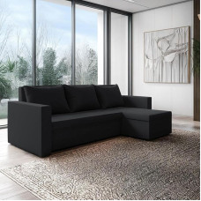 Loft Ecksofa mit Schlaffunktion und Bettkasten Stoff Basic- Sofa L-Form 225x130x75 cm - Schwarz, Weicher Pluszbezug, Universell Aufbau Links/Rechts