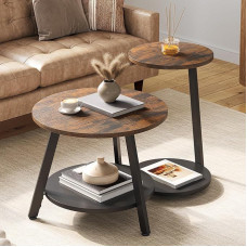 YITAHOME 2 apvalių kavos staliukų rinkinys, svetainės staliukas su laikymo vieta, šoninis staliukas, 2 komplektų rinkinys, sukraunamas su mediniu viršumi ir metaliniu rėmu, C formos šoninis staliukas, sofos staliukas, svetainė, kaimiškas