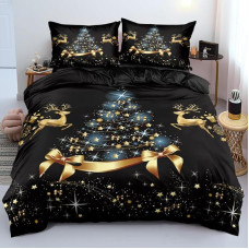 Lovos skalbiniai 135 x 200 cm 4 dalių Kalėdų aukso juoda Kalėdos Žiemos motyvas Kalėdų antklodės užvalkalas 3D spausdinimas Minkštas mikropluošto antklodės užvalkalas su užtrauktuku ir 2 pagalvių užvalkalai 80 x 80 cm