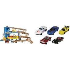 Matchbox CJM67 garažas su 4 lygiais, žaislai nuo 3 metų ir Hot Wheels 1806 - dovanų rinkinys, 5 transporto priemonės, atsitiktiniai automobilių modeliai, 5 vnt.
