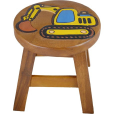 Children's Stool Solid Wood - Handmade Children's Chair with Carved Excavator Motif, Round Stool for Children