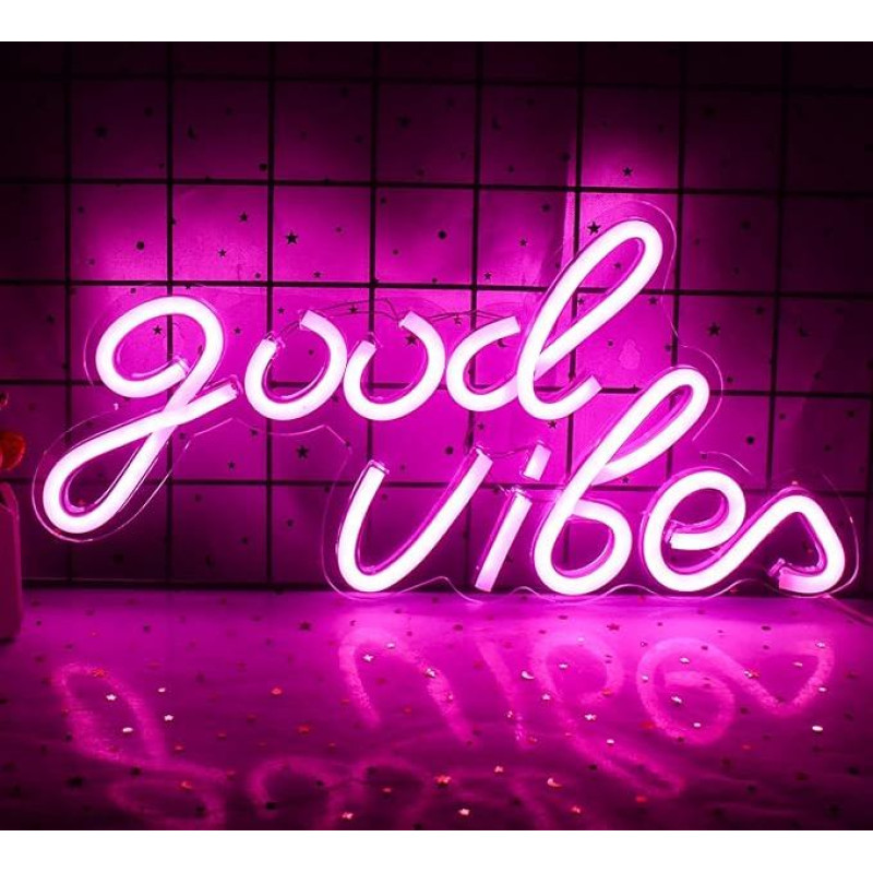 Wanxing Rosa Good Vibes Neon Sign, neoninės sienų apdailos ženklai, tikra akrilo neoninė šviesa, 7,9 x 15,9 colių USB LED neoniniai ženklai miegamajam, namų barui, vestuvių metinėms, gimtadienio dovanai