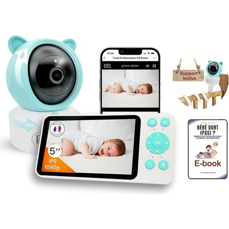 Kūdikių monitorius 5 colių 1080P LCD IPS WiFi VOX įrašymas SD kortelė Debesis Nakties matymas Judesio aptikimas Lopšinės 360° posvyrio pakreipimas Kūdikių monitorius + laikiklis